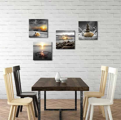 Bamdeya Beach Wall Art Canvas Zen Prints Art Black and White Wall Decor Gold Sea Sunset Seascape Wall Pictures Ocean Sunrise Love Painting for Living Room Bathroom Decor Home Decoration Framed