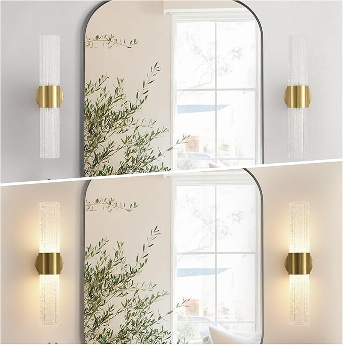 Gold Wall Sconces LED Dimmable Modern Crystal Wall Sconces Gold Wall Light Titanium Vanity Wall Light for Bedroom, Vanity Mirror Light Dimmable 0-32W with Light Source