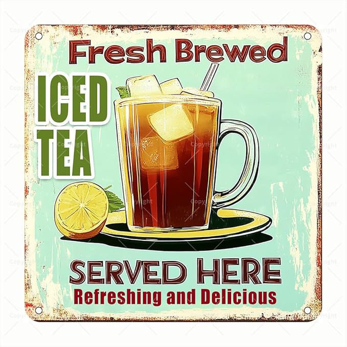 Vintage Square Tin Sign - "Fresh Brewed Iced Tea Served Here" Retro Beverage Art - Square Metal Wall Decor for Cafe, Kitchen, or Home - Refreshing and Delicious Gift for Tea Lovers