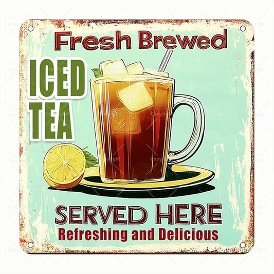 Vintage Square Tin Sign - "Fresh Brewed Iced Tea Served Here" Retro Beverage Art - Square Metal Wall Decor for Cafe, Kitchen, or Home - Refreshing and Delicious Gift for Tea Lovers