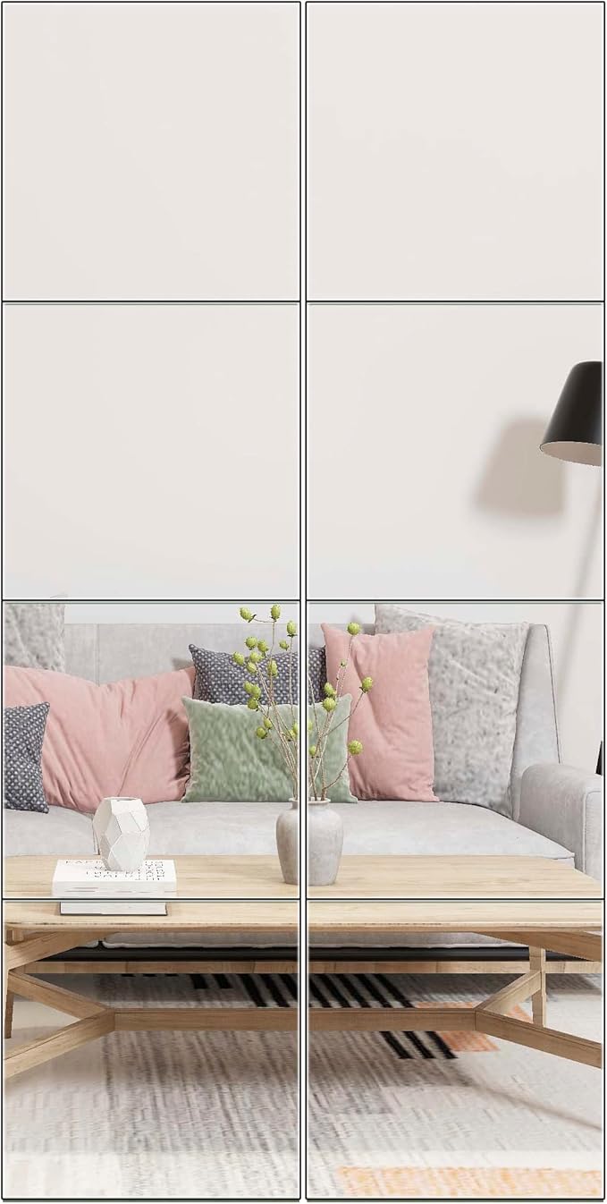Ruomeng Full Length Wall Mirror Tiles - 10" x 10" x 8Pcs Frameless Full Body Mirror Tiles Wall Mounted Mirror for Home Gym Vanity Bedroom, Living Room