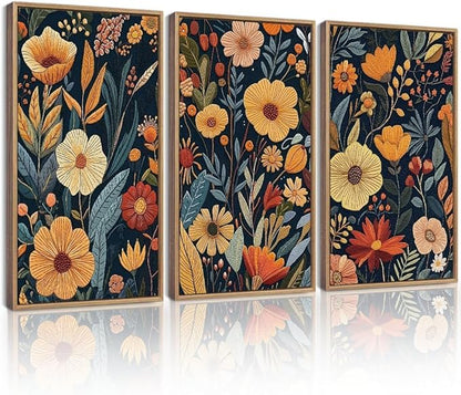 Drsoum Vintage Flower Wall Art Framed Retro Bohemian Boho Colorful Floral Plant Rustic Artwork Nature Botanical Wildflower Prints Bedroom Living Room Ready to Hang 16x24in Natural Framed