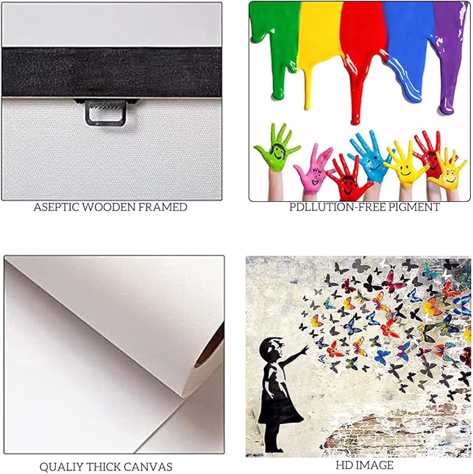 Abstract Creative Graffiti Street Canvas Wall Art Banksy Painting Artwork Wall Decor Graffiti butterfly Painting Colorful Artwork Pop Art Wall Decor Framed Art for Living Room Bedroom - 16x12 inch