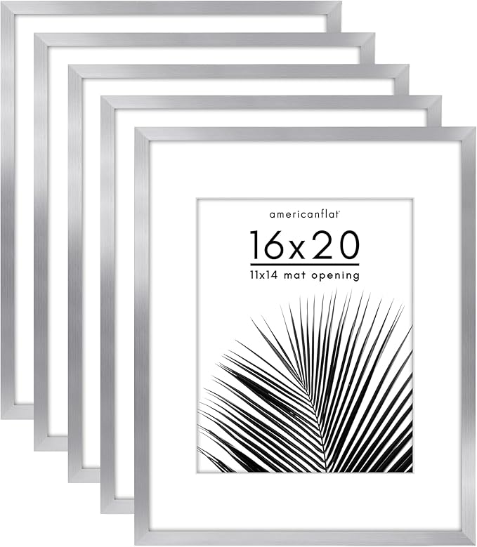 Americanflat 16x20 Picture Frame with Polished Plexiglass - Set of 5 - Use as 11x14 Frame with Mat or Display 16x20 Photo Without Mat - Galleria Collection - Picture Frames for Wall Display - Silver