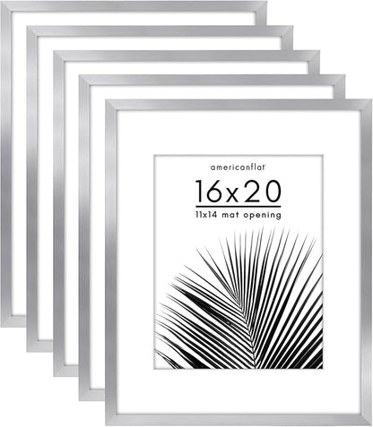 Americanflat 16x20 Picture Frame with Polished Plexiglass - Set of 5 - Use as 11x14 Frame with Mat or Display 16x20 Photo Without Mat - Galleria Collection - Picture Frames for Wall Display - Silver