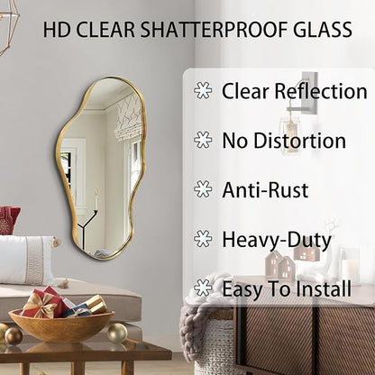 Irregular Mirror, 30"x20" Asymmetrical Mirror with Gold Metal Frame, Modern Funky Odd Shaped Mirrors, Abstract Wall Mirrors for Living Room Bathroom Bedroom Hallway Entryway Fireplace
