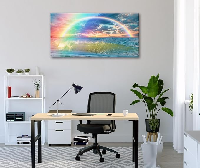 DJSYLIFE Rainbow Wall Decor - Ocean Canvas Wall Art Modren for Girls Room Seascape View Wave Painting Artwork Home Living Room Bedroom Bathroom Decorations Framed Ready to Hang 20" x 40"