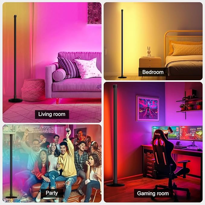 LED Floor Lamp, 63-Inch RGB Corner Light with Music Sync, Smart App Control, 16 Million Colors, Remote Control for Living Room, Bedroom, Gaming Room