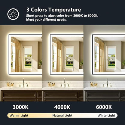 66x40 Inch LED Bathroom Mirror with Lights (Front Lit and Backlit) Black Framed Lighted Vanity Mirror for Bathroom Wall Dimmable Anti-Fog Memory Tempered Glass Horizontal/Vertical