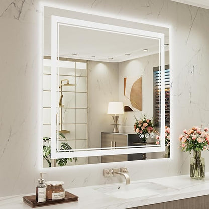 40 x 38 Inch LED Bathroom Mirror, Front Light and Backlit Anti-Fog Dimmable Memory Lighted Vanity Mirror, Shatterproof Wall-Mounted Led Mirror for Bathroom