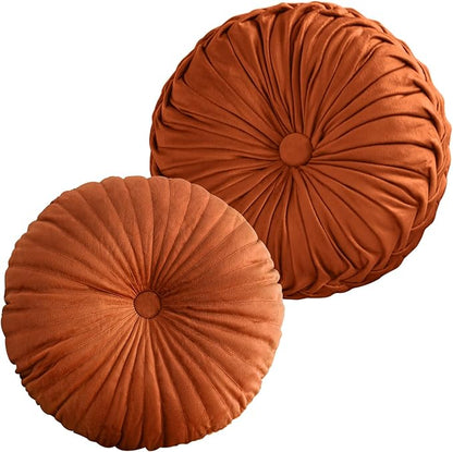 Teieas 2 Pcs Round Throw Pillows Pleated Velvet Pumpkin Round Pillows Floor Cushion for Living Room Couch Chair Bed Sofa 15.7"x15.7"/13.8" x 13.8" (Orange)