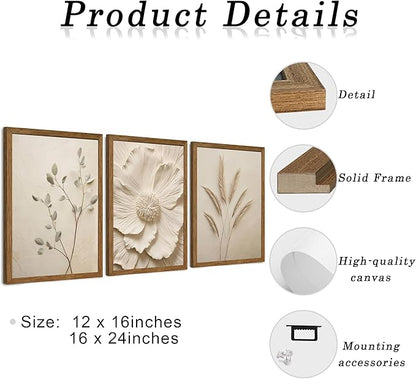JLTULT 3 Piece Framed Neutral Beige Floral Canvas Wall Art, Modern Simple Texture Blossom Wall Decor, Vintage Botanical Flower Art Prints for Living Room Bedroom Farmhouse 16x24 inch Ready to Hang
