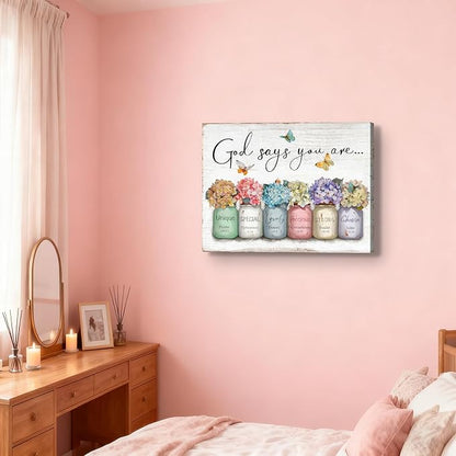Inspirational Bible Verse Wall Art God Says You Are Sayings Wall Decort Christian Gift Quotes Painting scripture Pictures Print Flowers in Mason Jar Poster for Women Girls Bedroom(24x16 Canvas)