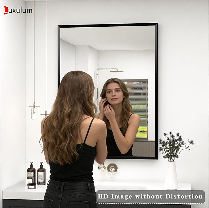 Black Matel Framed Bathroom Mirror for Wall 36" x 30", Beveled Rectangle Vanity Mirrors, Right Angle Corner, HD Reflection, Horizontal or Vertical Mount