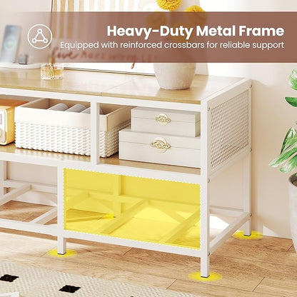 Tangkula Farmhouse TV Stand for TVs up to 65", 3-Tier Entertain Center with Power Outlets USB Charging, Media Console Table with Open Shelf & 3 Fabric Storage Drawers for Living Room (Natural)