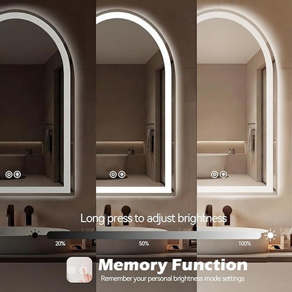 DUMOS 28"×36" LED Bathroom Mirror with Lights, Arched Vanity Mirror with Anti-Fog, Dimmable, 3-Color Light, Memory Function, Front Light and Backlit, Tempered Glass