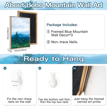 CHDITB Boho Blue Mountain Framed Wall Art Paintings(16"x24"), 3 Panels Blue White Sky Ridge Virginia Landscape Watercolor Canvas Artwork Printings, Large Modern Cloud Trees Nature Posters for Bedroom Living Room