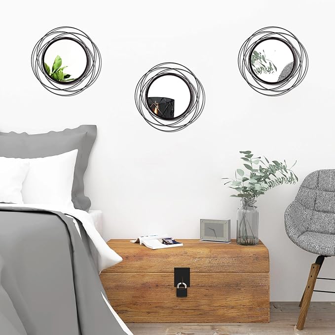 3 Set. Round Mirrors for Wall Decor Living Room Bedroom Bathroom Dining Room Metal Circle Mirror Set Boho Decorative Sunburst Wall Art Accent Entryway - Black 9.5 in.