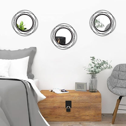 3 Set. Round Mirrors for Wall Decor Living Room Bedroom Bathroom Dining Room Metal Circle Mirror Set Boho Decorative Sunburst Wall Art Accent Entryway - Black 9.5 in.