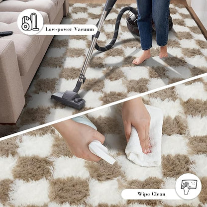 Checkered Rug for Bedroom, 2x4 Beige and White Area Rugs, Classic Checkered Carpets Shag Area Rug, Bedside Rugs for Living Room Bedroom Kids Room Home Decor