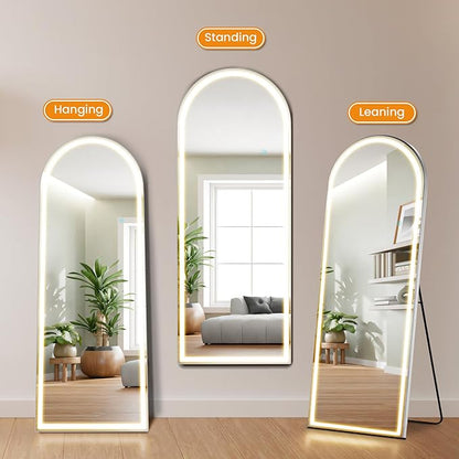 Arched Full Length Mirror with Stand 26"×71", Upgraded Full Body Mirrors with LED Light 3 Color Lighting, Floor Standing, Hanging or Leaning Modern Simple Home Wall Decor, White