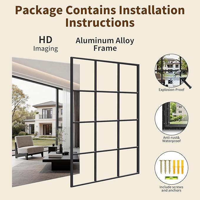 Window Pane Mirror, 38x26 Decorative Wall Mirrors, Black Metal Framed Windowpane Mirror for Farmhouse & Modern Bedroom, Living Room, Dining Room, Entryway, Fireplace Decor with Hanging or Leaning