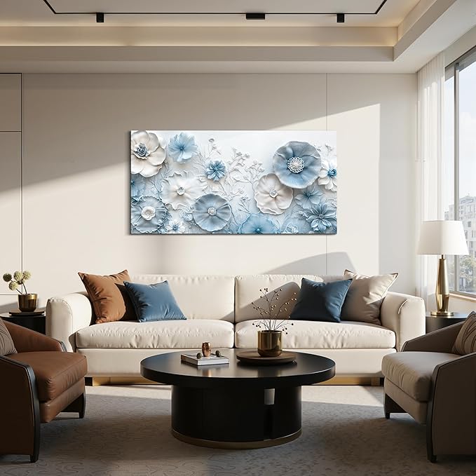 SERIMINO Flower Wall Art, Large Canvas Wall Art, Floral Wall Decor, Blue White Wildflowers Painting, Modern Abstract Botanical Prints, Nature Pictures for Living Room Bedroom Dining Room 24"x48"