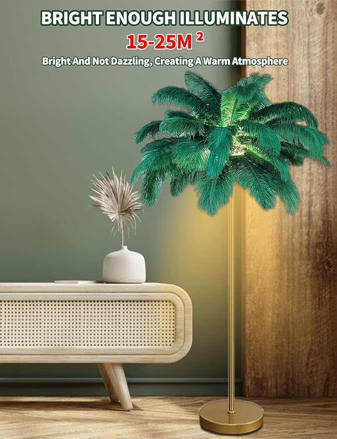 Feather Floor Lamp,Fluffy Ostrich Feather Floor Lamp for Bedroom,3 Color Temperatures Led Corner Modern Floor Lamps for Living Room Christmas Home Decor House Warming Gifts,63″ Height (Dark Green)