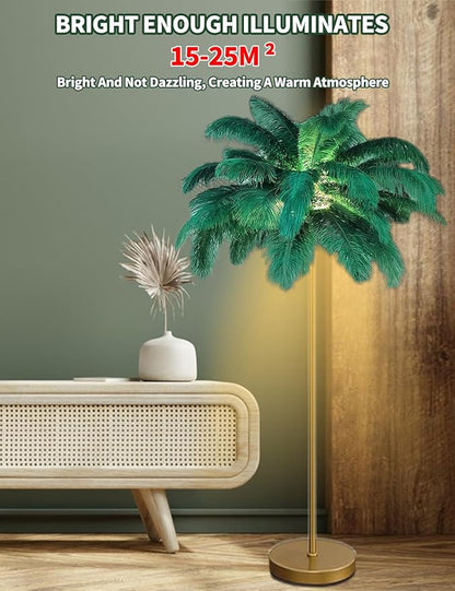 Feather Floor Lamp,Fluffy Ostrich Feather Floor Lamp for Bedroom,3 Color Temperatures Led Corner Modern Floor Lamps for Living Room Christmas Home Decor House Warming Gifts,63″ Height (Dark Green)