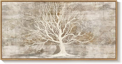 Large Framed Tree of Life Wall Art for Living Room, Rustic Farmhouse Abstract Tree Canvas Painting Print Artwork for Walls, Modern Neutral Forest Picture for Bedroom Office Wall Decor, 60x30 In