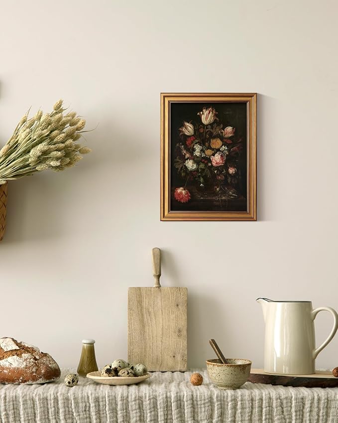 VIYYIEA ﻿Vintage Framed Floral Wall Art, Dark Flower Bouquet Retro Wall Decor, Moody Rose Floral and Tulips Paintings Farmhouse Home Decoration for Living Room Bathroom, 12x16inch