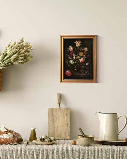 VIYYIEA ﻿Vintage Framed Floral Wall Art, Dark Flower Bouquet Retro Wall Decor, Moody Rose Floral and Tulips Paintings Farmhouse Home Decoration for Living Room Bathroom, 12x16inch