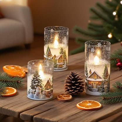 Snowman House Glass Flameless Candles Battery Operated with Remote and Timer Real Wax LED Flickering Pillar Candles Cold White Light Window Christmas Holiday Decor 3" D x 4", 5", 6" H