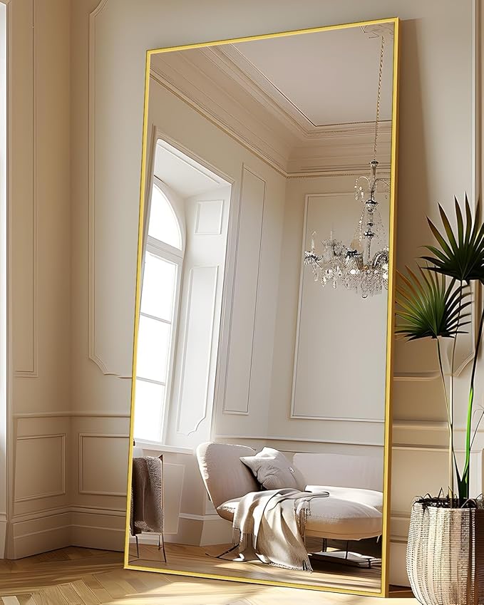 Antok 78''x38'' Full Length Mirror, Shatterproof HD Oversized Floor Mirror with Stand, Aluminum Alloy Frame Leaning Standing or Wall Mounted Mirror for Bedroom Living Room Entryway, Gold