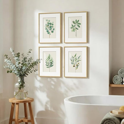 Framed Sage Green Botanical Wall Art for Bathroom, 4 piece Farmhouse Minimalist Plant Artwork for Walls, Boho Green White Leaf Picture Prints for Bedroom Kitchen Living Room Wall Decor 11x14