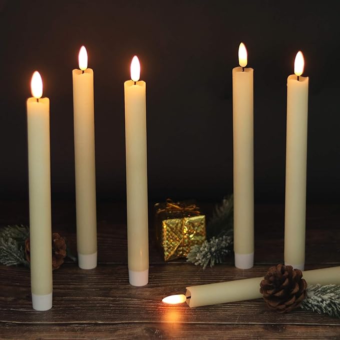 Ivory Flameless Taper Candles Battery Operated with 6H Timer, Real Wax 3D Wick Flickering LED Taper Candles Dinner Wedding Holiday Decor(6 Pack, 0.78 x 9.64 Inches)