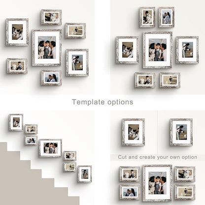 Frametory, Gallery Wall Frame Set of 7 Multiple Sizes 11x14, 8x10, 5x7 Picture Frame Collage with White Mat for Prints, with Real Glass (Distressed White)