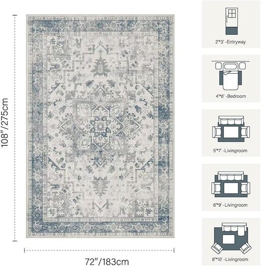 Rugxara 6x9 Washable Area Rug for Living Room, Neutral Vintage Large Boho Rugs for Office, Dining Room, Kids Room, Farmhouse, Durable Low Pile Non Slip Carpet for High Traffic Areas, Light Blue Grey