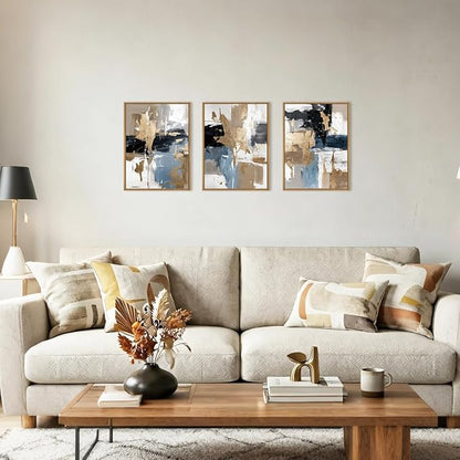 KAIRNE Blue and Gold Abstract Framed Canvas Wall Art Set,Minimalist Brush Strokes Wall Decor,Modern Textured Art Prints,Neutral Brown Black Artwork for Living Room,Bedroom,Farmhouse,Office-12 x16 x3