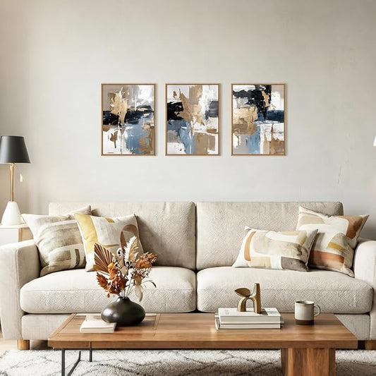 KAIRNE Blue and Gold Abstract Framed Canvas Wall Art Set,Minimalist Brush Strokes Wall Decor,Modern Textured Art Prints,Neutral Brown Black Artwork for Living Room,Bedroom,Farmhouse,Office-12 x16 x3