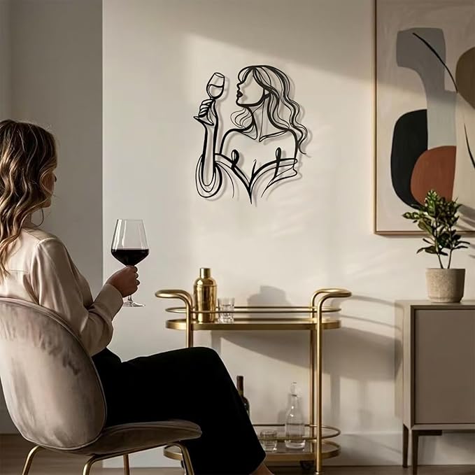 LIYAOLI 3D Metal Wall Sculpture Decor - Black Wall Art of Woman Drinking Wine, Waterproof Kitchen Line Art, Unique Modern Metal Art for Dining Room, Bar, Living Room, Bedroom