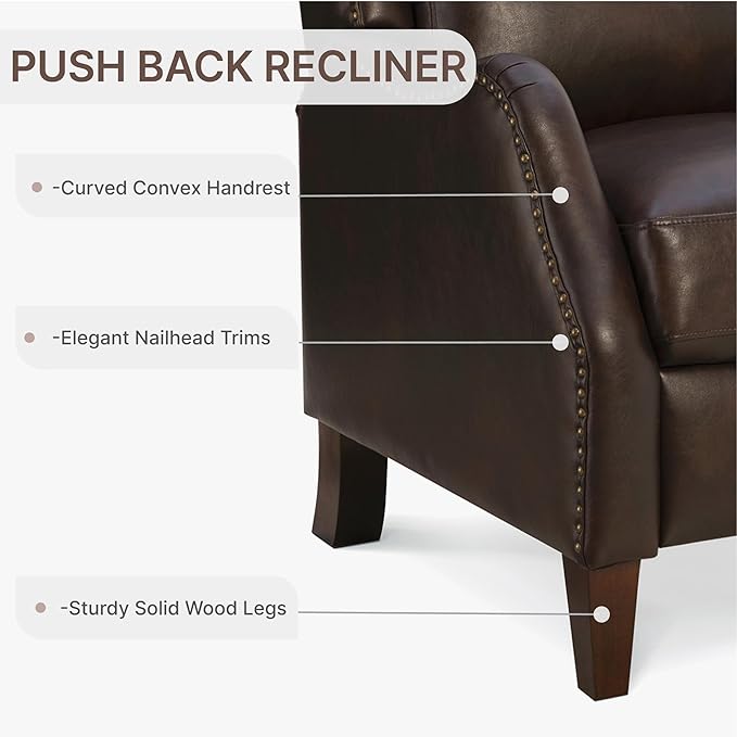 KISLOT Leather Pushback Recliner Faux Armchair with Rivet Decoration Single Sofa Accent Chair for Living Room Bedroom