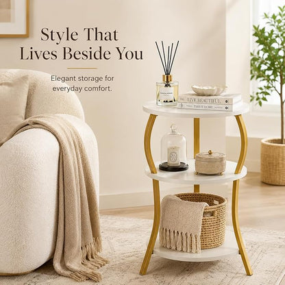 Vintage Small Round Side Table, 3-Tier Slim Waist Circular End Table with Storage Shelf, Compact Tea Sofa Table, Round Corner Coffee Table Nightstand for Living Room Bedroom Small Spaces,White+ Gold