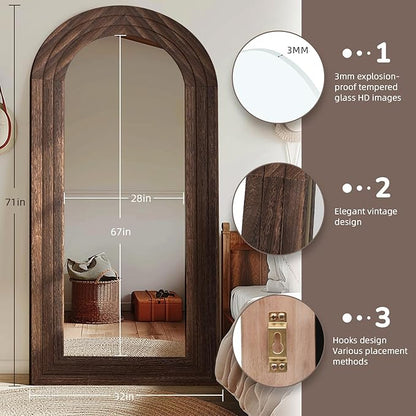 ZHUNFA Arched Full Length Mirror with Solid Wood Frame, 71x32 Farmhouse Wall Mounted Floor Mirror with Stand, Vertical Hanging, Leaning Standing for Bedroom, Living Room, Brown