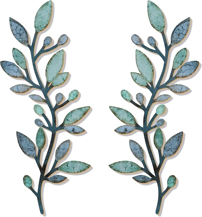2 Pcs Colorful Tree Leaf Wall Art Decor Vine Home Wall Decoration Olive Branch Leaf Wall Decor Large Wall Decor for Bedroom, Living Room, Wall Sculptures Indoor Outdoor (Blue Green)