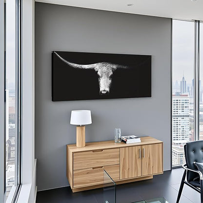 LevvArts Large Size Longhorn Cow Canvas Wall Art Black and White Western Cattle Portrait Photo Painting Artwork for Man Cave Home Office Living Room Decor 20"x48"