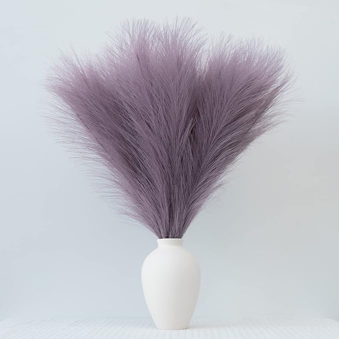 Pampas Grass Decor, Fluffy Faux Pampas Grass 6 Stem 18"/45cm Pompous Grass Small Flower Arrangement and Vase Filler for Boho Home Wedding Decoration (Light Purple)
