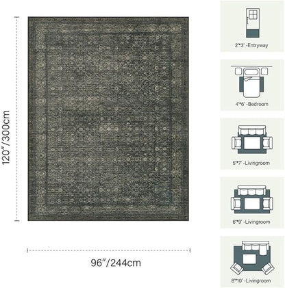 8x10 Washable Area Rug for Living Room, Extra Large,Green Vintage Floral Boho Rugs for Dining Room, Farmhouse, Durable Low Pile Non Slip Carpet for High Traffic Areas, Moss Brown