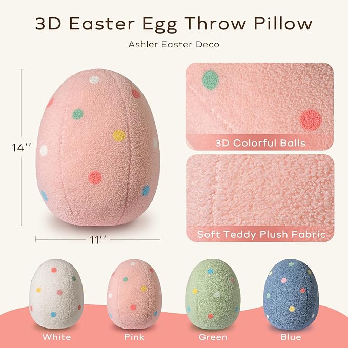 Ashler Egg Shaped Throw Pillow, Spring Home Decor, Teddy Fabric Decorative Cushion with Colorful Polka Dots Embroidery, Soft Pillow for Bedroom Living Room Couch, 14x11 in