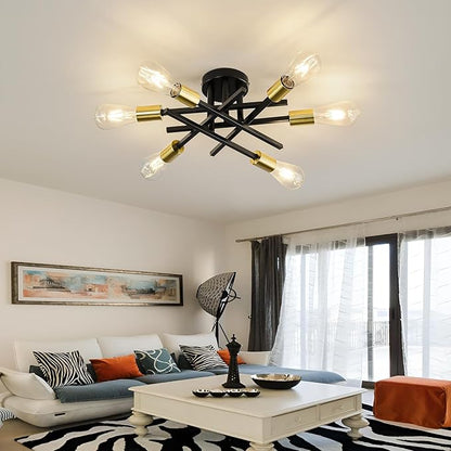 ASGYISA 6-Lights Sputnik Semi Flush Mount Ceiling Light Fixture Modern Metal Black and Gold Chandeliers with E26 Bulb Base Close to Ceiling Light for Kitchen Dining Room Living Room Hallway Bedroom